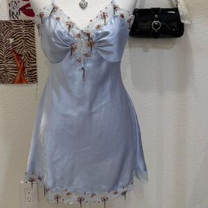 Satin baby blue Lace-Trim Chemise Slip with Floral Accents